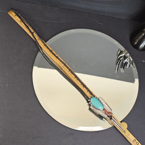 Navajo Turquoise And Coral Sterling Silver Bolo Tie Signed. USA Native American - Picture 13 of 15